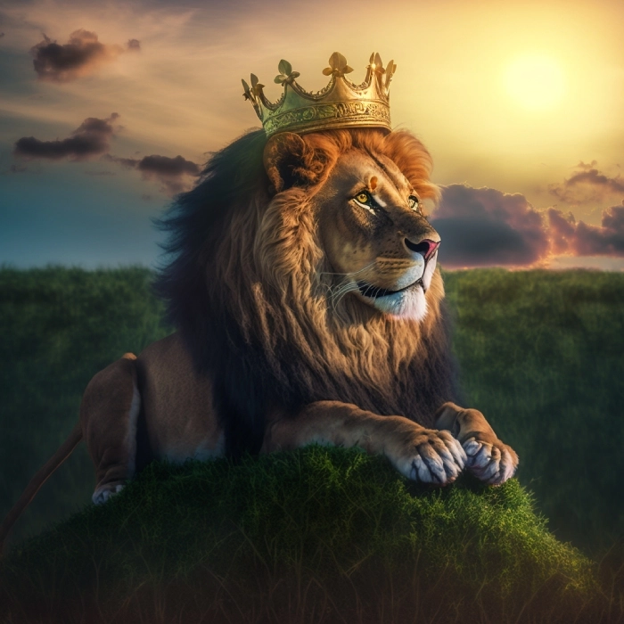 Leo the Lion wearing a crown, perched on a hill